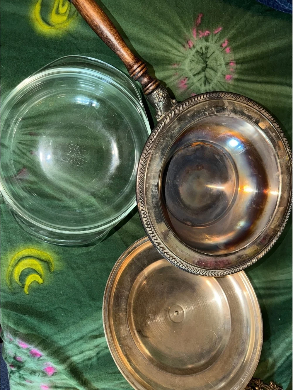 Vintage Silver Serving Pan with Wooden Handle and Lid